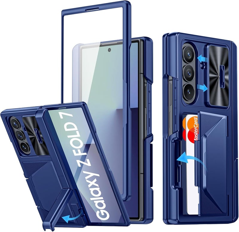 BSNRM for Samsung Galaxy Z Fold 7 Case with Card Holder RFID Blocking, Built in Slide Lens Cover & Hinge Protection & Kickstand & Screen Protector, Shockproof Wallet Case for Z Fold 7 (Sapphire Blue) - Image 1